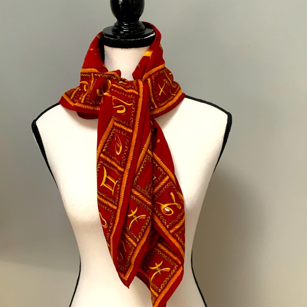 Vibrant Red and Gold Patterned Zodiac Print Scarf